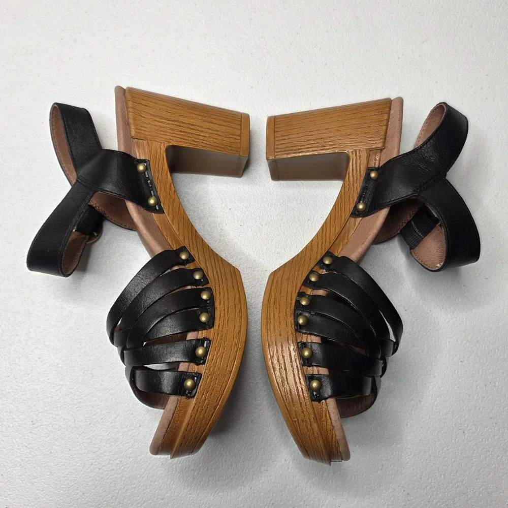 Dansko Tiffani Sandals Chunky Heels Womens 36 (5.5/6) Black Leather Retro Festiv